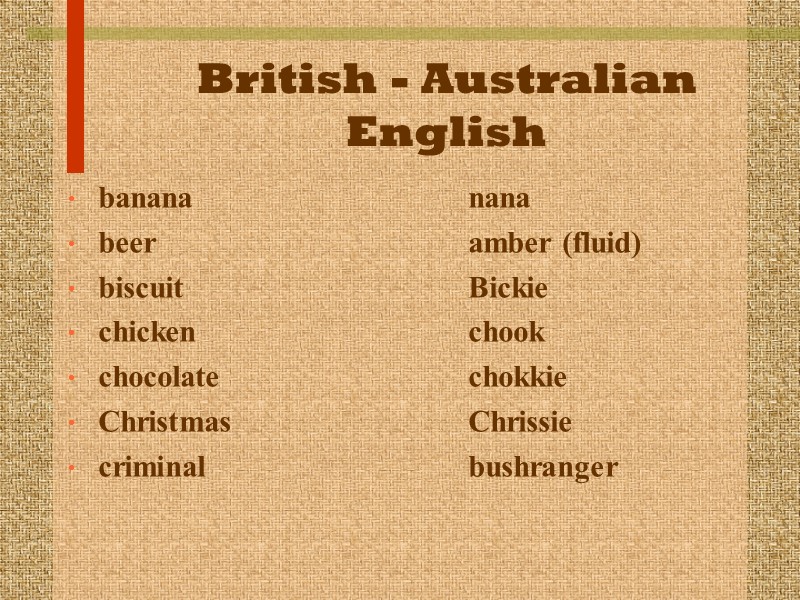 British - Australian English banana     nana  beer  